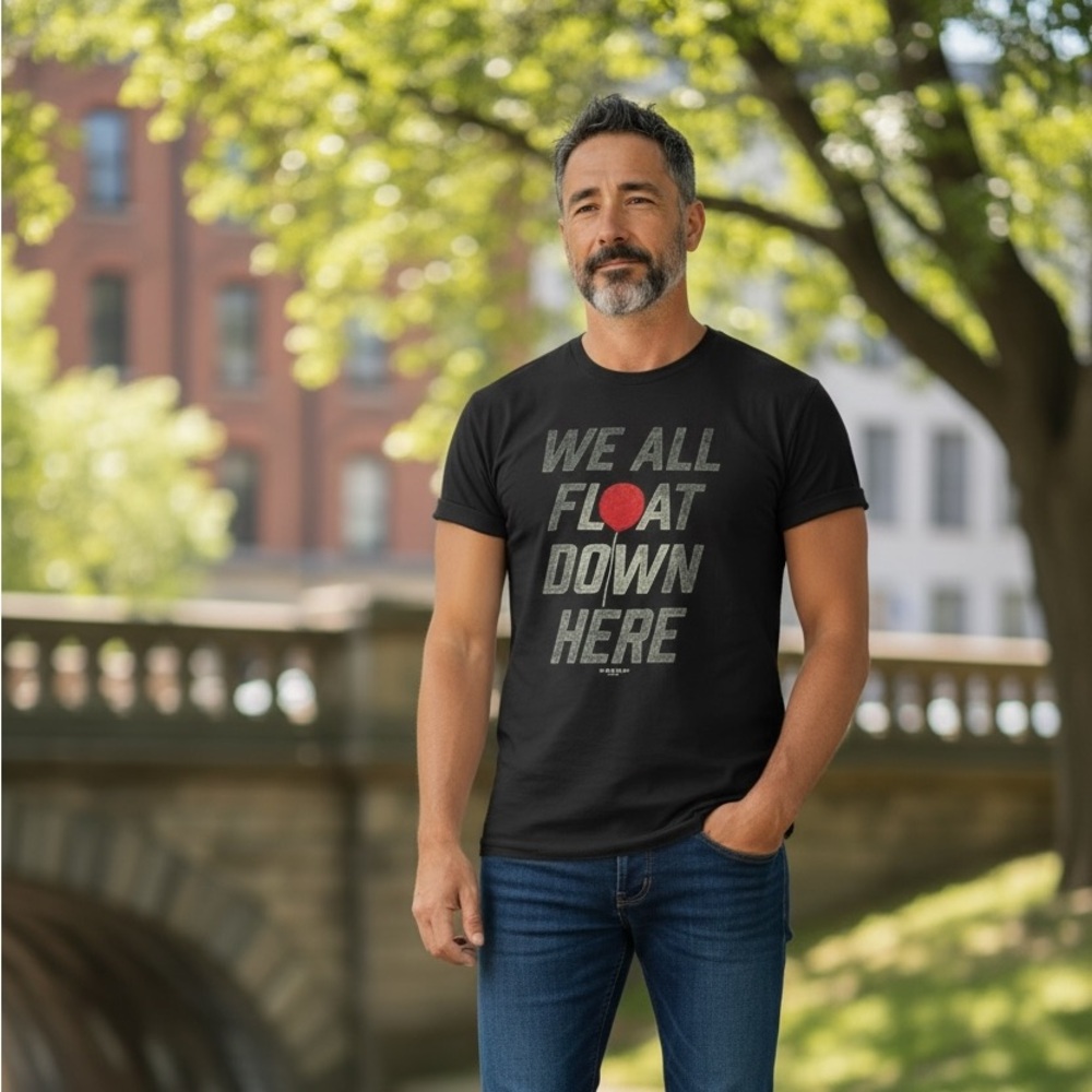 We All Float Down Here Graphic Tee | Horror Movie Quote | Black T-Shirt